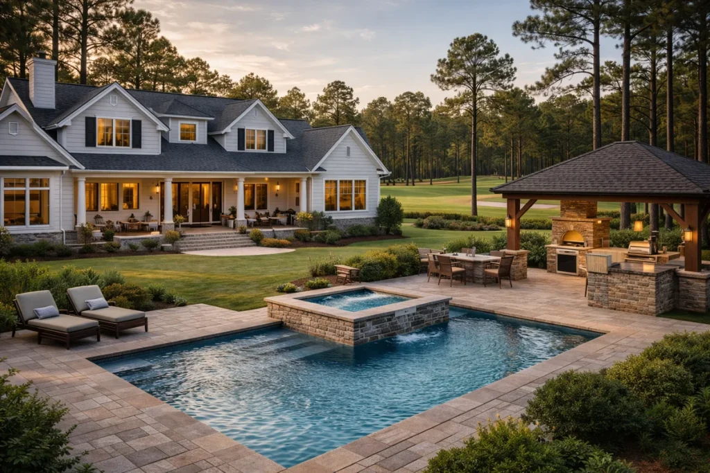 custom home in pinehurst showing the backyard with a pool